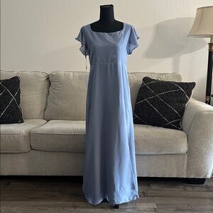 Dusty Blue Junior Bridesmaid Dress Maxi with Flutter Sleeves, Low Side Slit